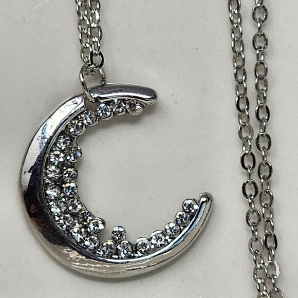 Silver Crescent Moon Cubic Zirconia Necklace - Picture 1 of 5